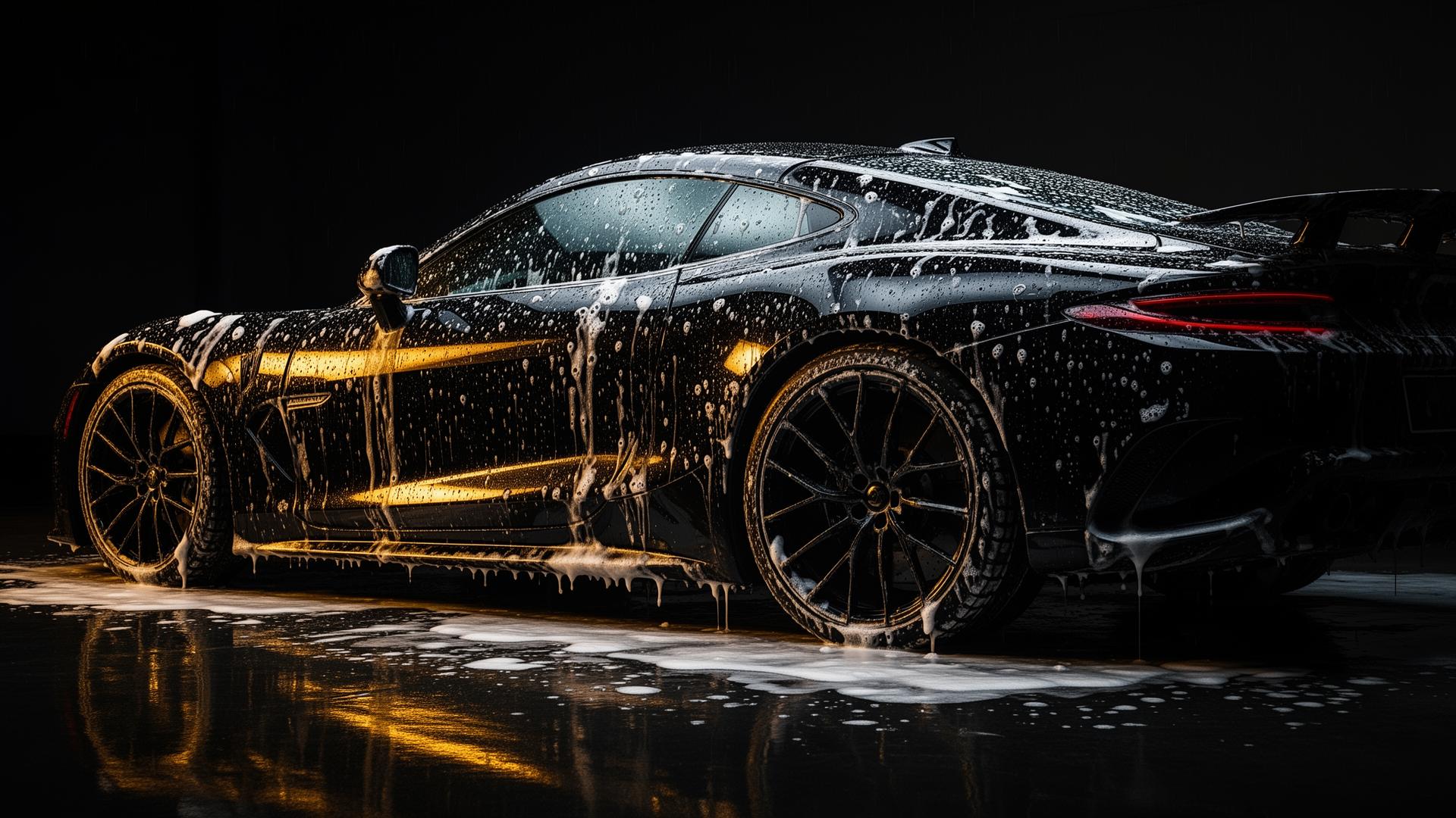 Detailed black sports car covered in soap